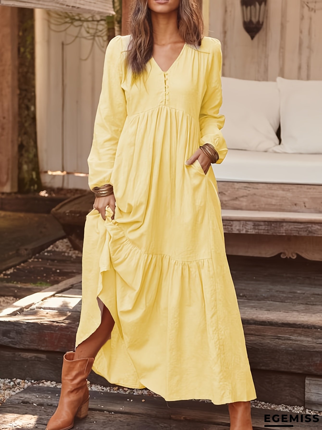 Plus Size - Plus Size - Plus Size - Plus Size, Women's Plus Size Bohemian Maxi Dress - Elegant V-Neck Long Sleeve Flowy Dress, Non-Stretchy Fabric For Formal & Everyday Outfits - Spring/Fall/Summer Casual To Formal Attire - Easy Care Women's Clothing | EGEMISS