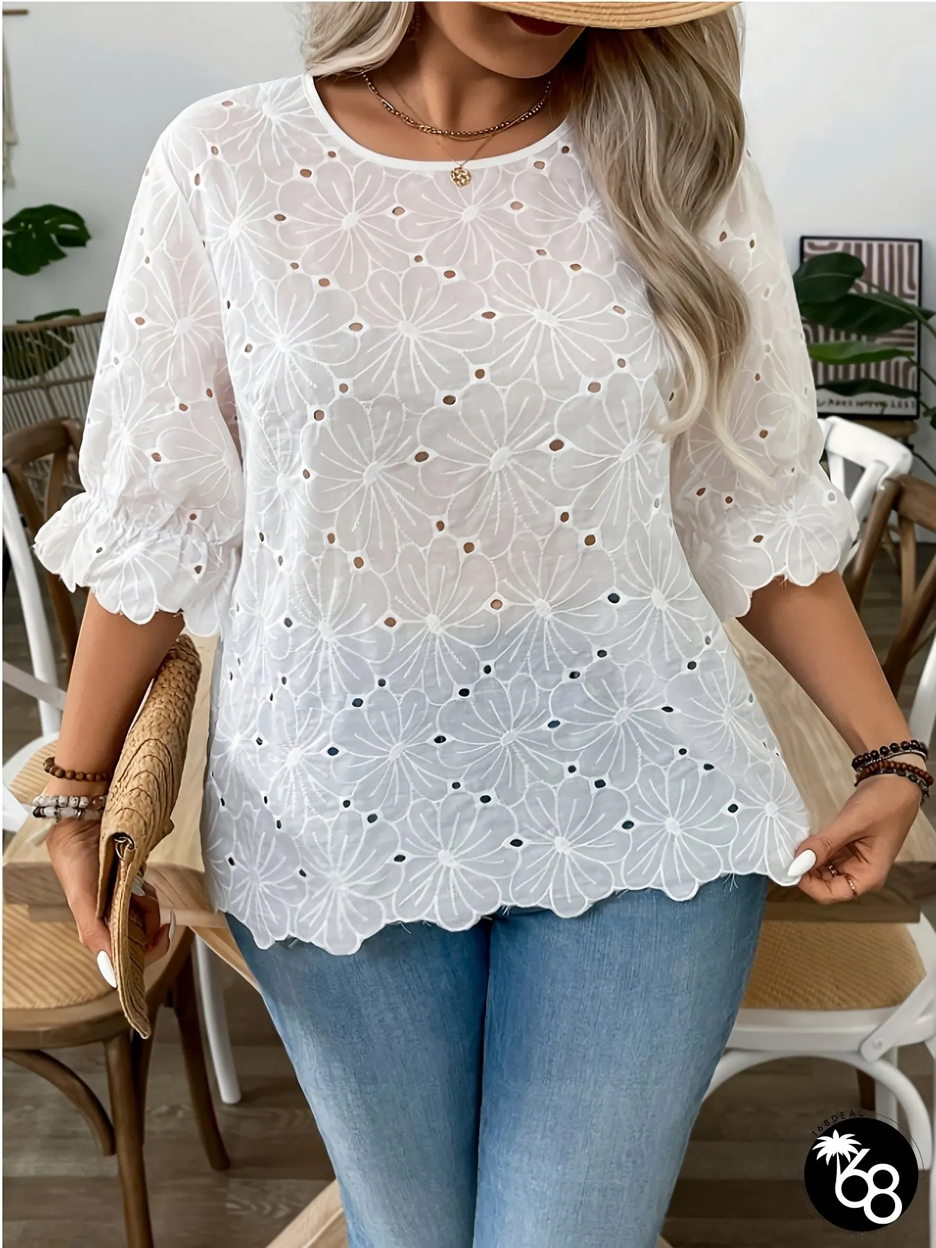 Plus Size Womens Elegant Floral Embroidery Blouse Lightweight Non-Stretch Short Sleeve Top | 168DEAL