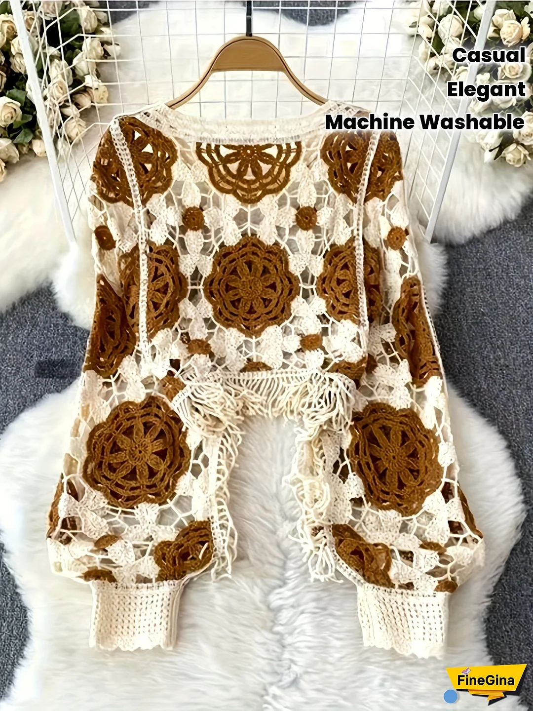 Women's Elegant Crochet Lace Long Sleeve Top with Floral Cut-Out Roses - High Elasticity Polyester, Machine Washable Round Neck Blouse for Spring Summer Fall, Casual Vacation & Casual Attire