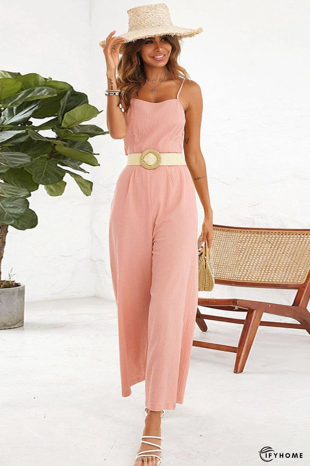 Cutout Spaghetti Strap Tie Back Wide Leg Jumpsuit | IFYHOME