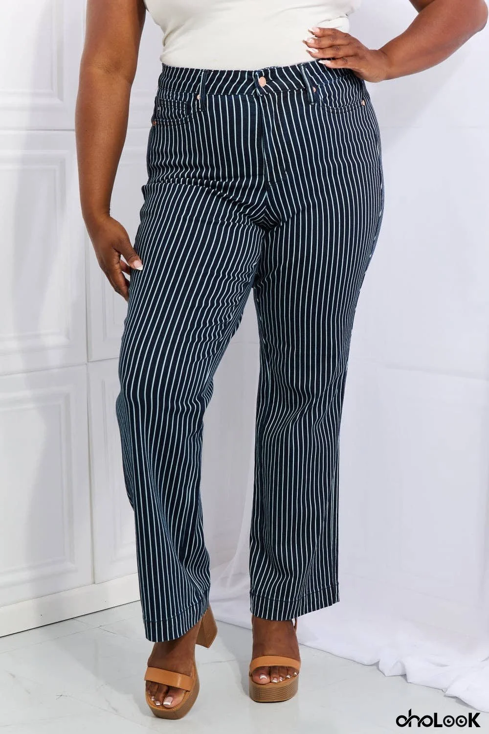 Judy Blue Cassidy Full Size High Waisted Tummy Control Striped Straight Jeans