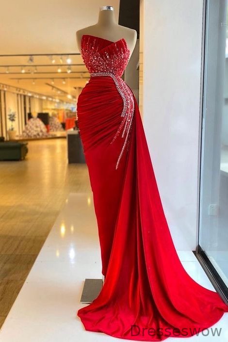 Dresseswow Red Mermaid Prom Gown Beadings Sequins Ruffles On Sale Sleeveless