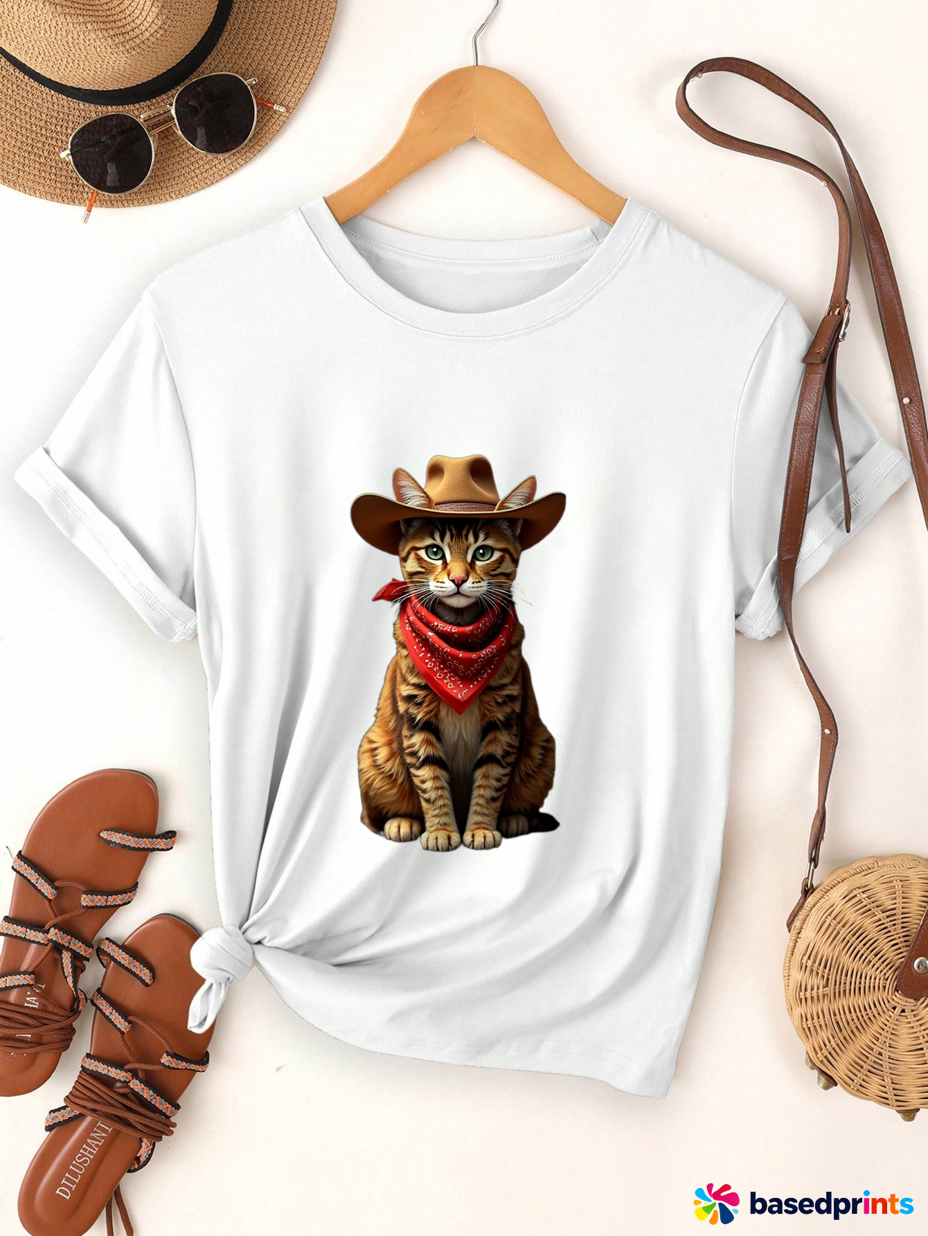 Cowboy Cat T-Shirt Women Summer Short Sleeve Casual Tops
