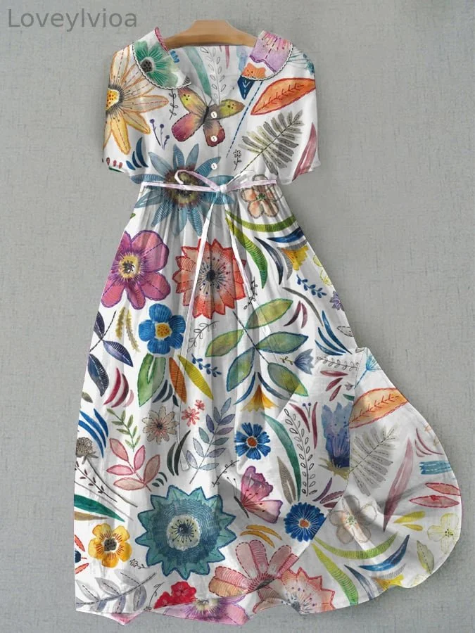 Women's Floral Design Printed Lace Up Dress