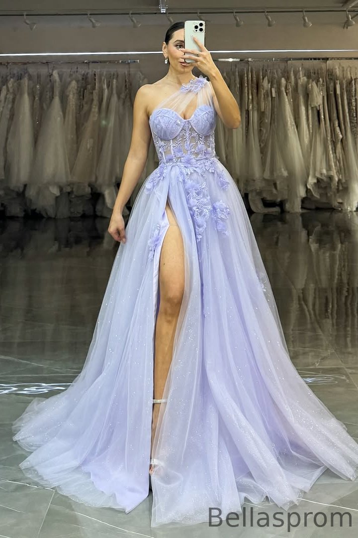 Bellasprom Lilac One Shoulder Sleeveless Mermaid Prom Dress With High Split Appliques Bellasprom