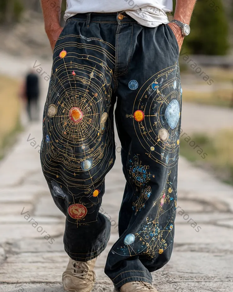 Men's Summer Fashion Linen Trousers with Star and Moon Embroidery 4993