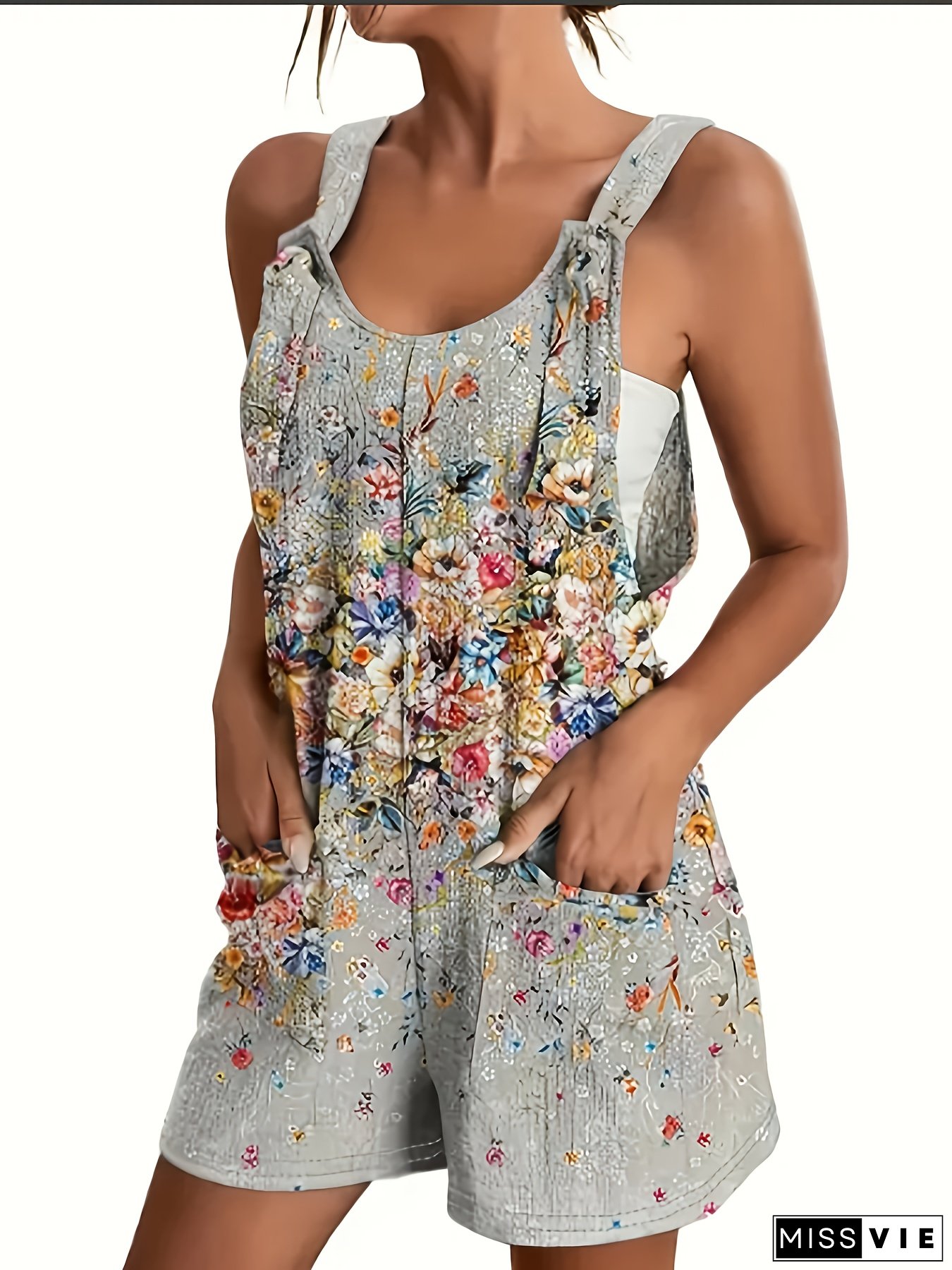 Women&lsquo;s Floral Butterfly Print Sleeveless Jumpsuit with Pockets - Elastic Waist, Casual Style, All-Season Wear, Oversized Fit, Stylish Outdoor Attire|Butterfly Print Jumpsuit|Stretchy Fabric, Butterfly Print Shorts