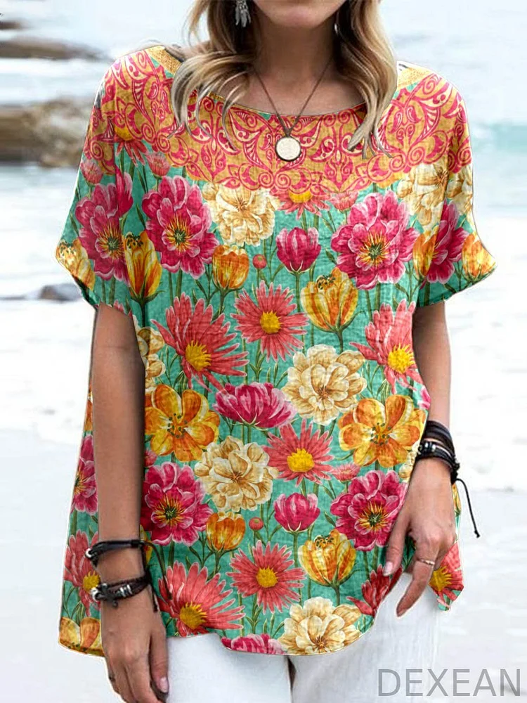 Women's Elegant Simple Decorative Floral Print Cotton And Linen Top