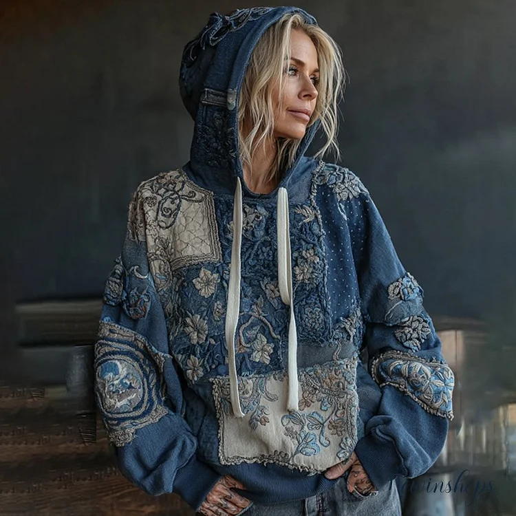 Vintage Boho Floral Embroidered Patchwork Casual Hoodie