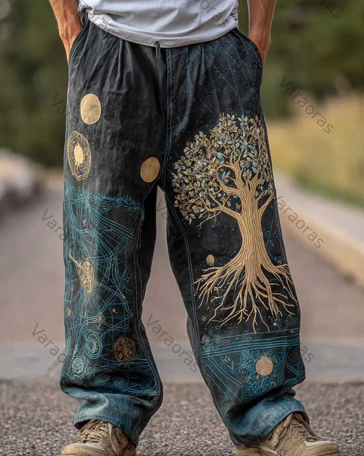 Men's Summer Fashion Linen Pants with Star, Moon and Tree of Life Embroidery  2877