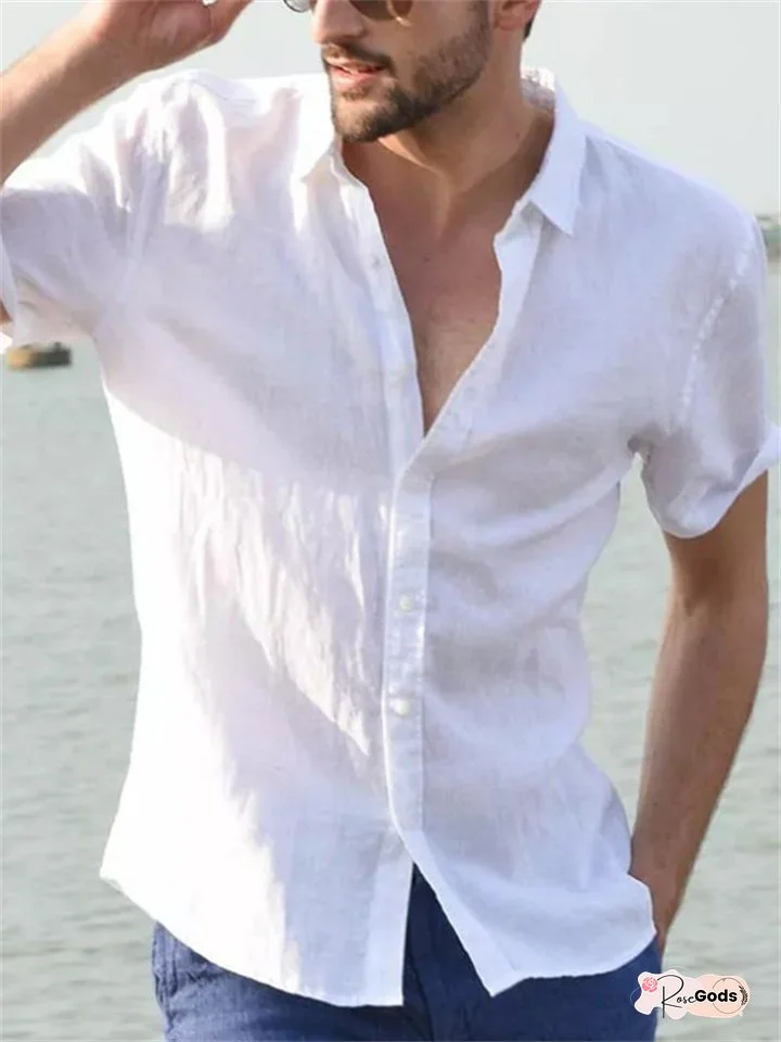 Male Color Summer New Men's Solid Color Casual Short-sleeved Casual Lapel Single-breasted Cardigan Linen Shirt