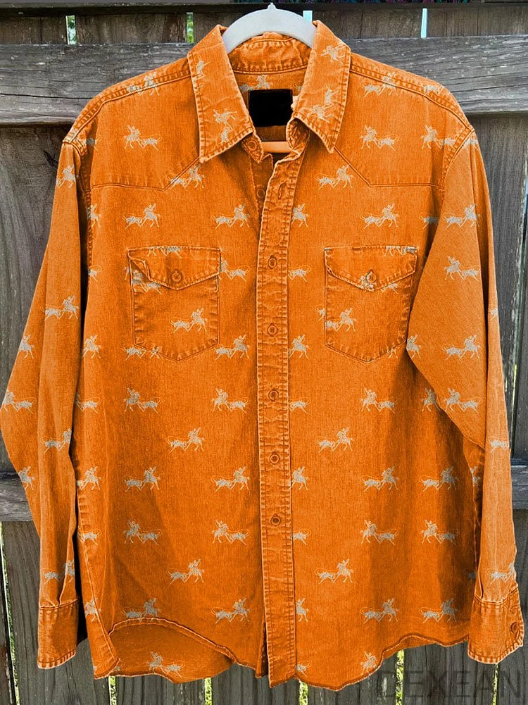 Men's Orange Denim Pattern Stripes Vintage Stripe Print Casual Shirt