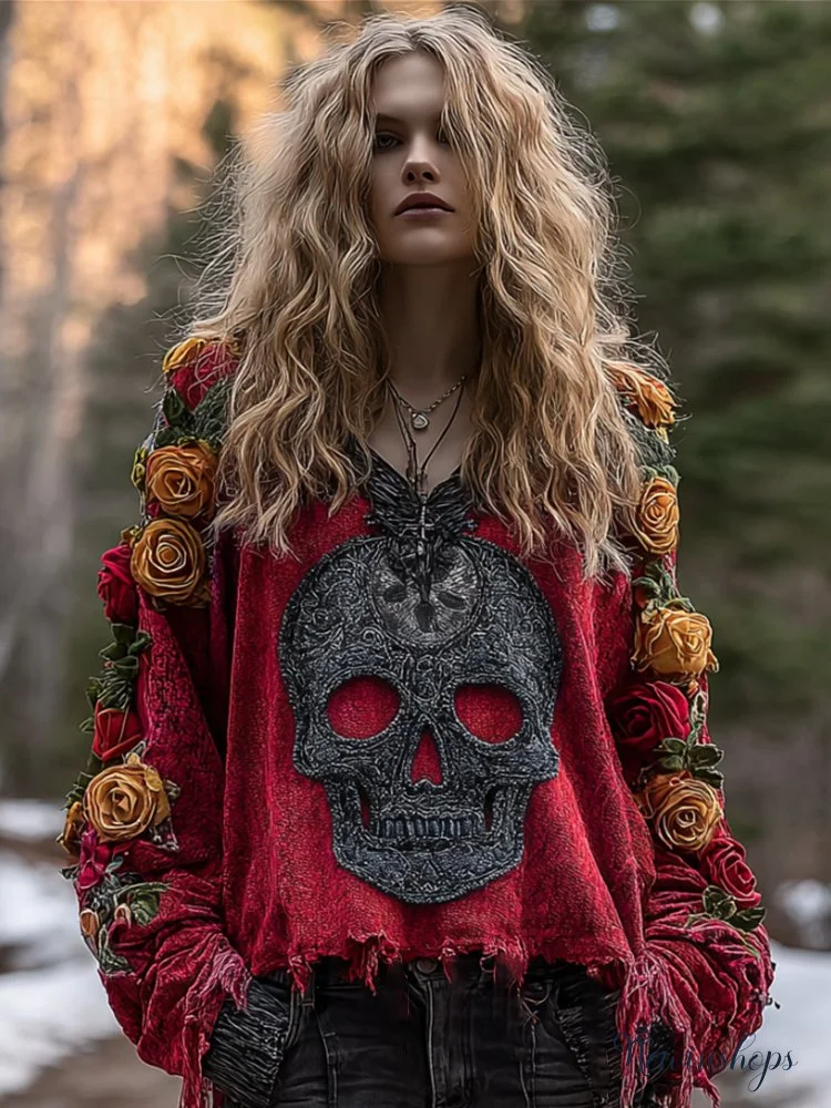 Women's Vintage Skull-print Distressed V-neck Top