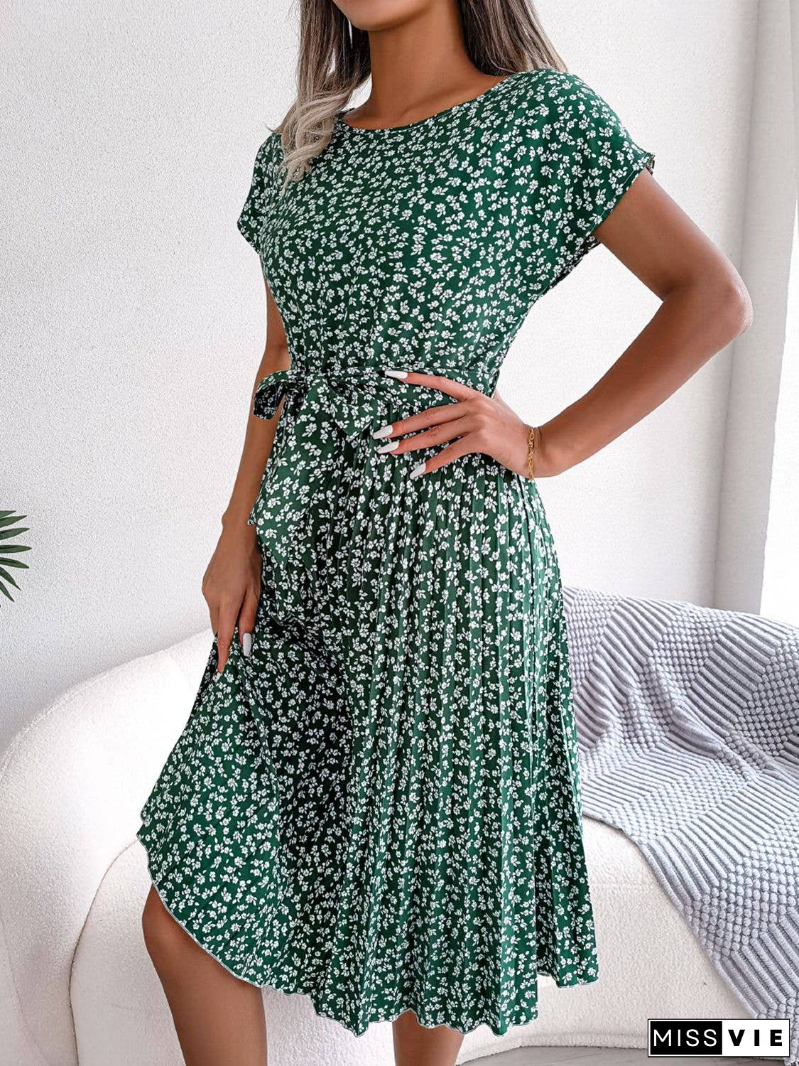 Ditsy Floral Pleated Belted Dress