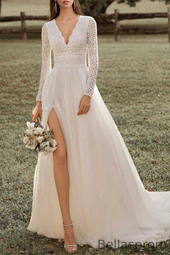 Bellasprom V-Neck Long Sleeves Tulle Wedding Dress A-Line Lace With Slit Bellasprom