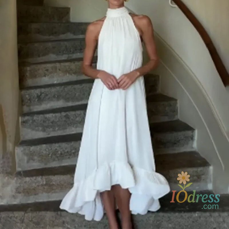 IO Dress Fashion Irregular Sleeveless Halter Evening Dress Sexy Women Solid Color Loose Party Dress Elegant Off Shoulder Pleat Long Dress