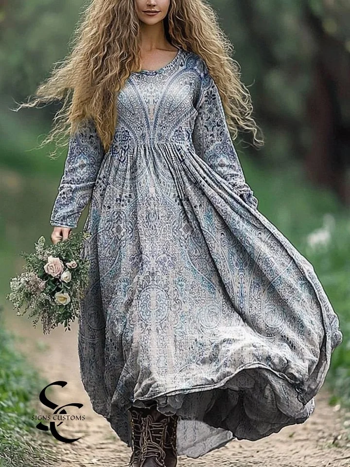 Women's Bohemian Vintage Print Crew Neck Cotton Pocket Dress