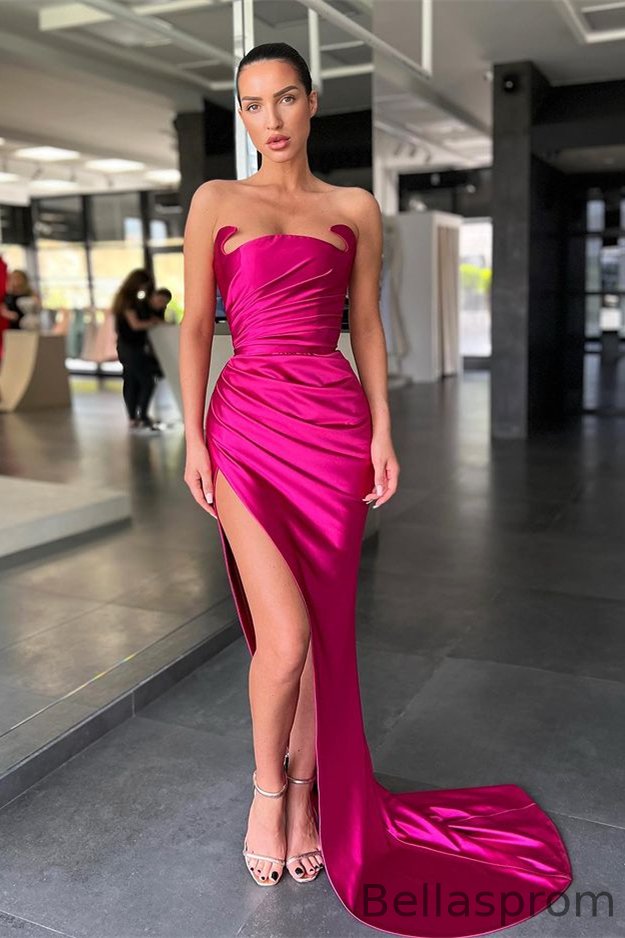 Bellasprom Fuchsia Mermaid Prom Dress Long With Split Strapless Bellasprom