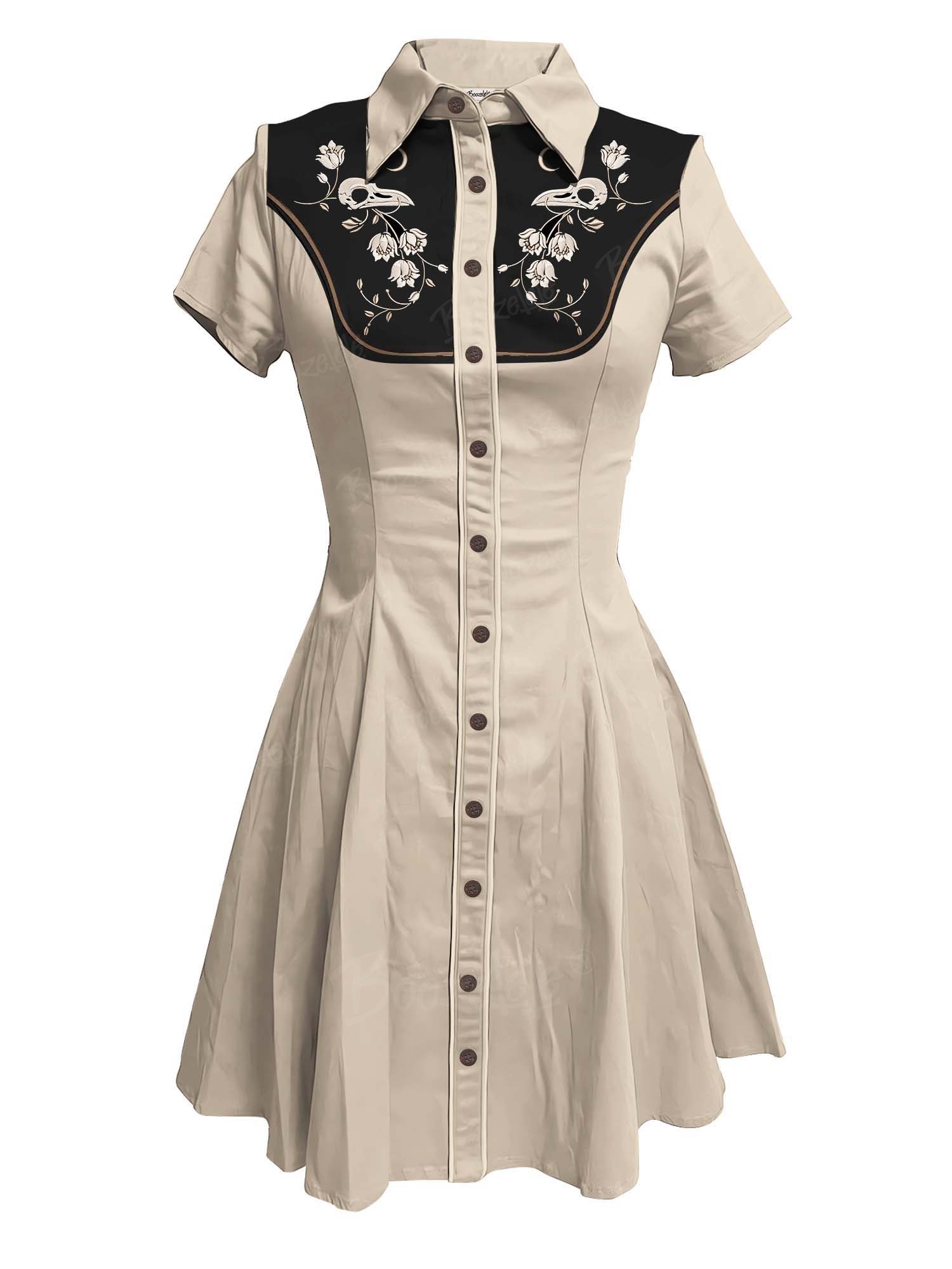 【Embroidery】Skeleton Crow Head And Flower - 100% Cotton Double Pocket Dress