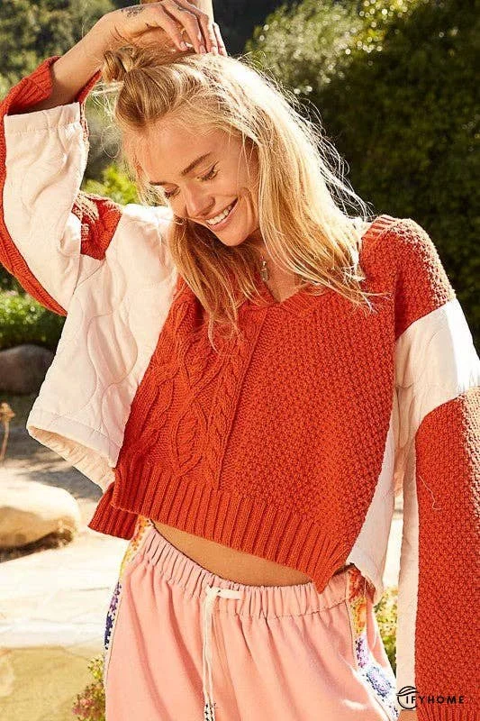 POL Cable Knit Quilting Patch V-Neck Contrast Sweater | IFYHOME