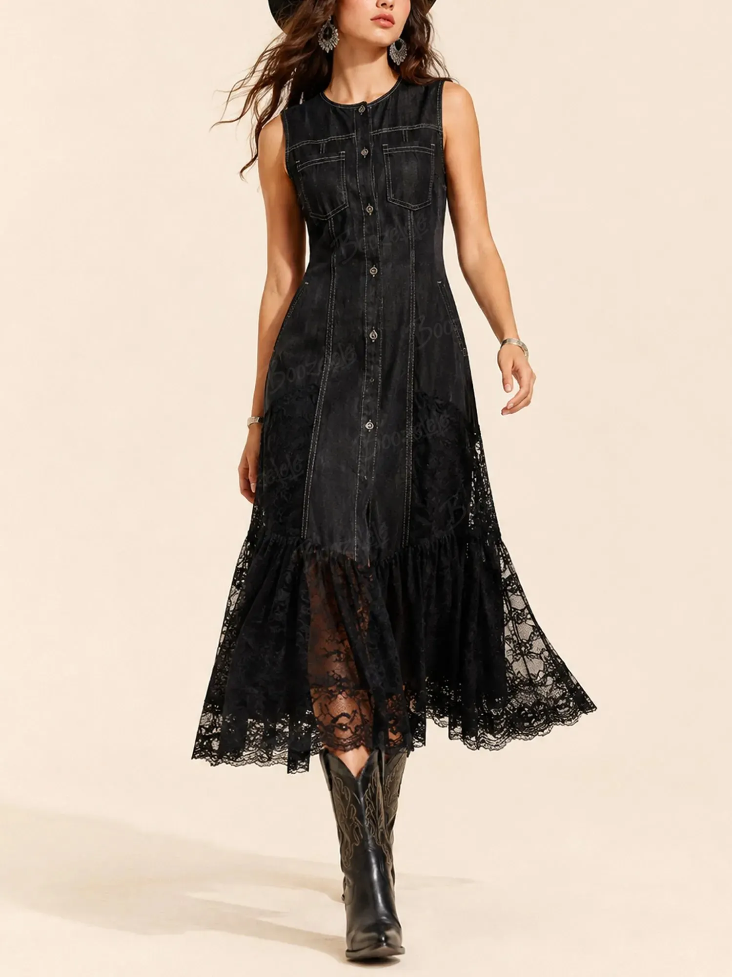 Ideal for Sunset Country Concerts &mdash; 2026 Spring Women's Black Vintage Lace-Hem Sleeveless Denim Midi Dress
