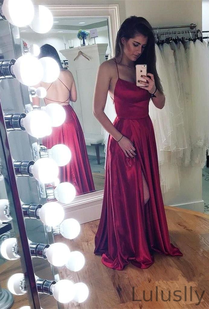 Luluslly Spaghetti-Straps Long Evening Gowns Split With String Back