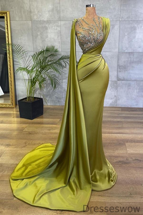 Dresseswow Green Ruffle Long Prom Dress Mermaid With Beadings