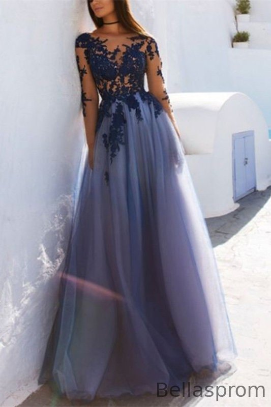 Bellasprom Appliques Prom Dress Tulle Long Party Gowns Long Sleeve Bellasprom