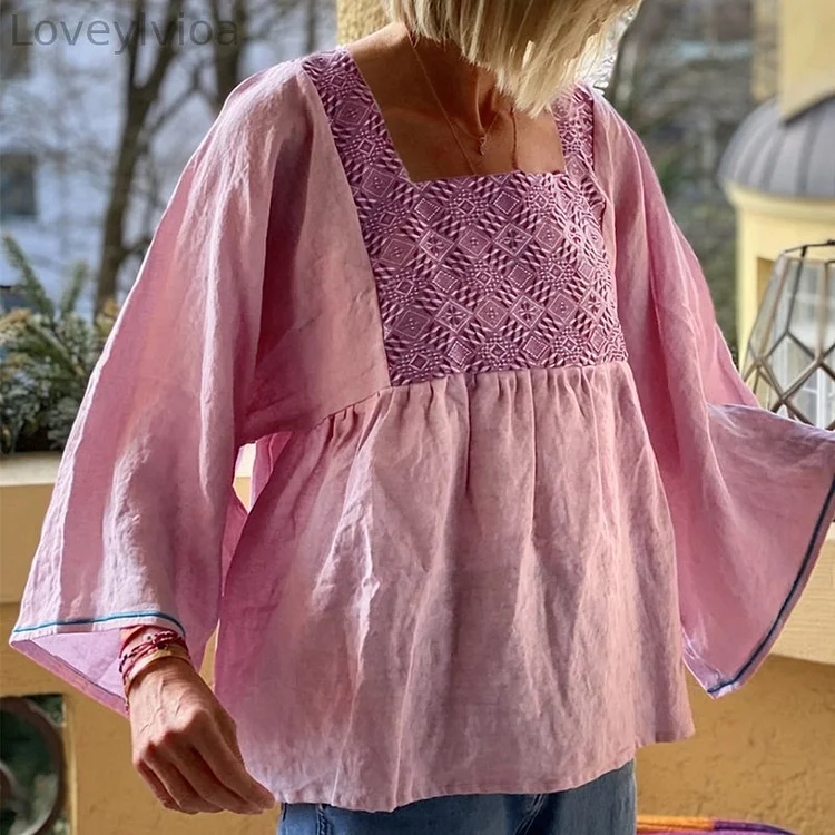 Square Neck Printed Patchwork Loose Casual 3/4 Sleeve Shirt