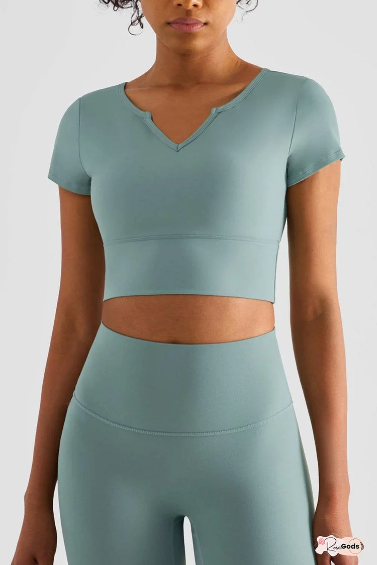 Notched Neck Short Sleeve Cropped Sports Top