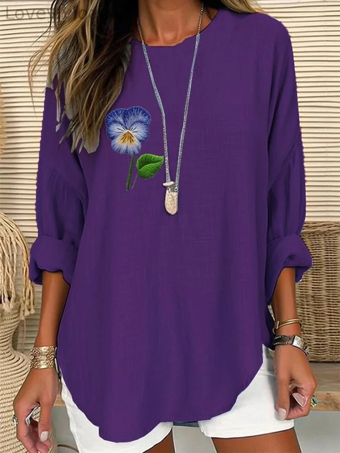 Women's Purple Floral Loose Long Sleeve Crew Neck Top