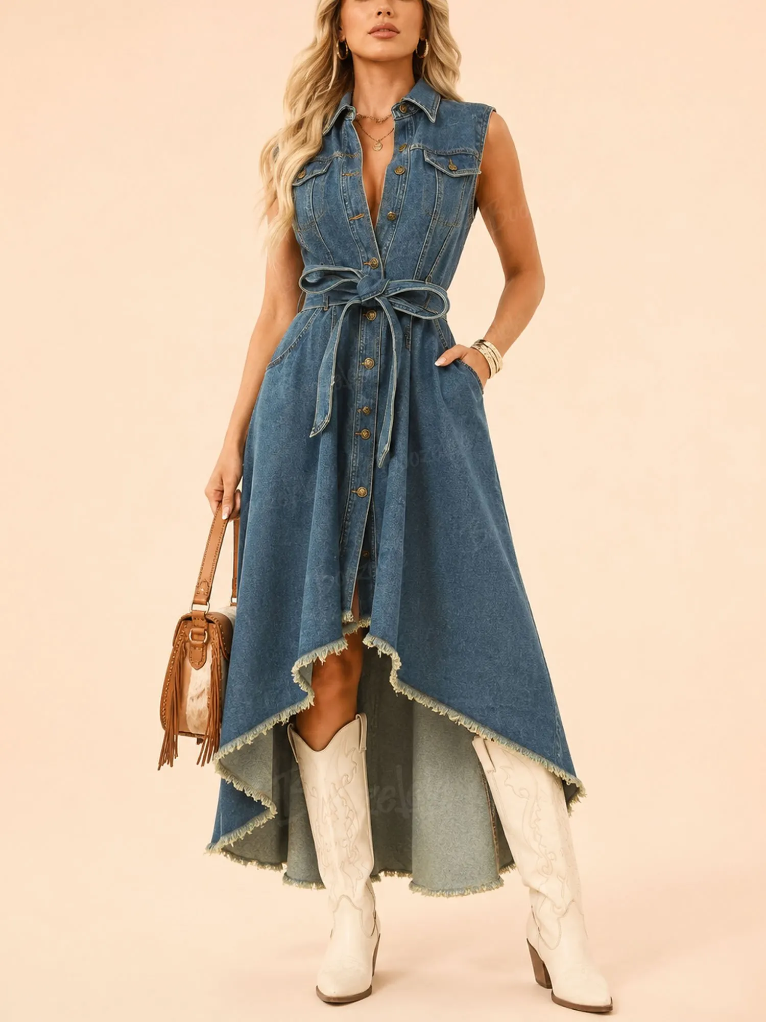 2026 SS Western Romance &mdash; Mid-Wash Heavy Denim Lapel-Neck Button-front Hi-Low Maxi Dress