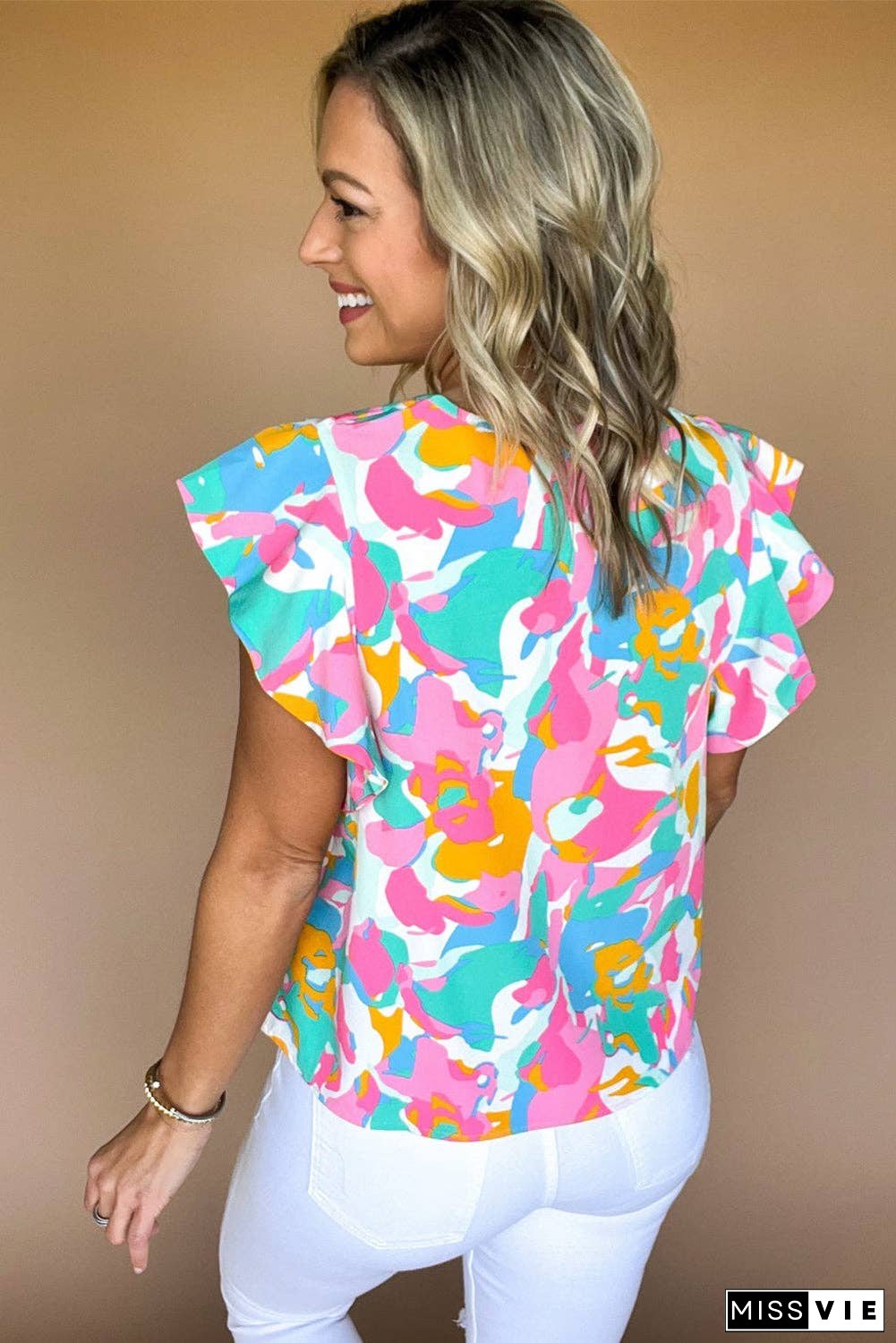 Multicolour Abstract Print Notched Neck Flutter Sleeve Blouse