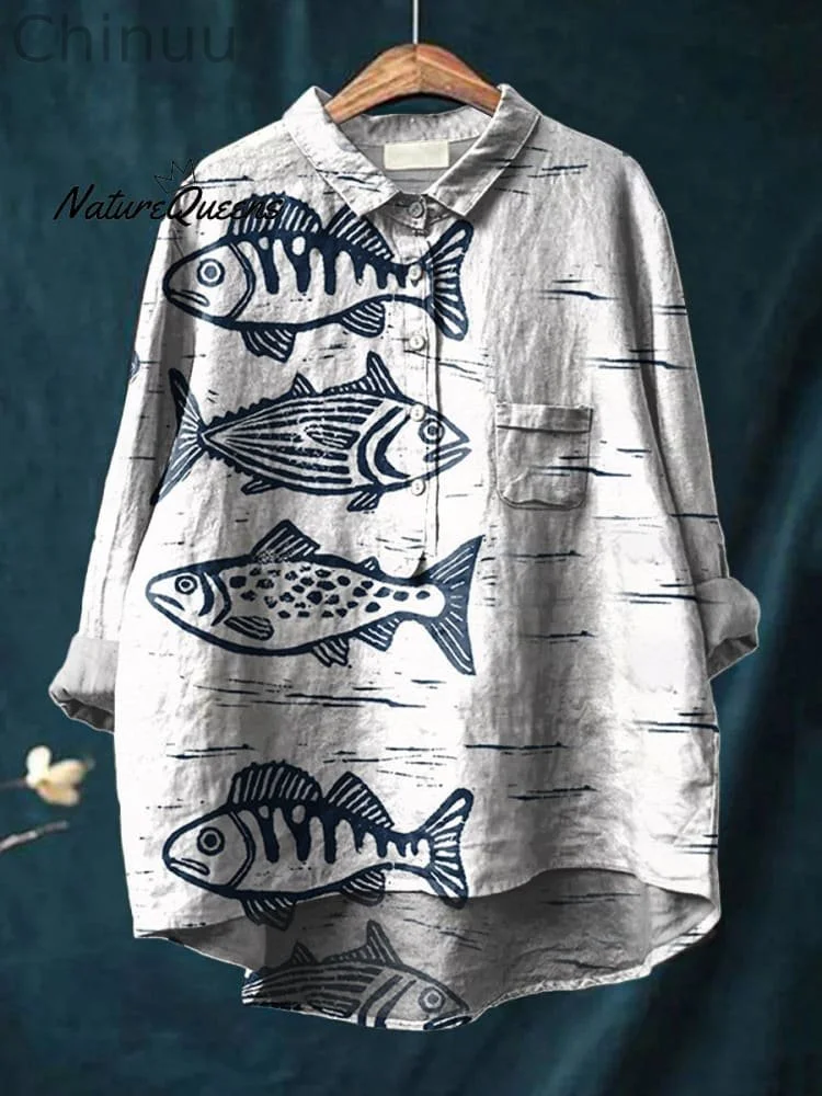 Women's Fish  Art Print Casual Cotton And Linen Shirt