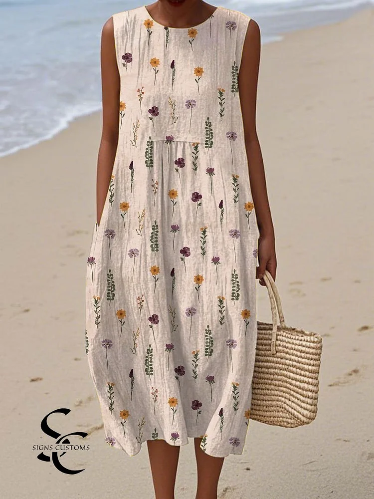 Women's  Vintage Floral Art Print Sleeveless Cotton Pocket Wrap Dress
