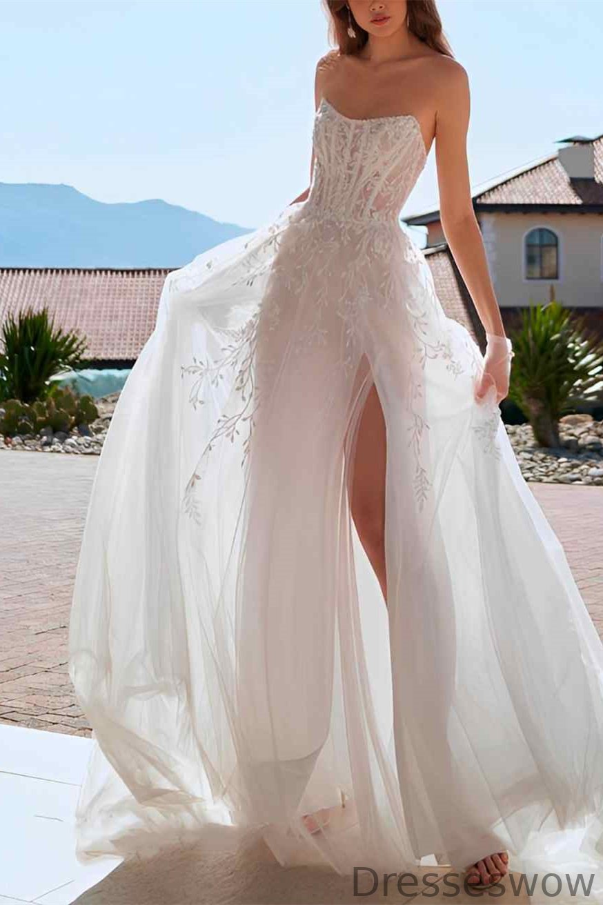 Dresseswow Starpless Tulle Wedding Dress Long Lace Appliques With Split