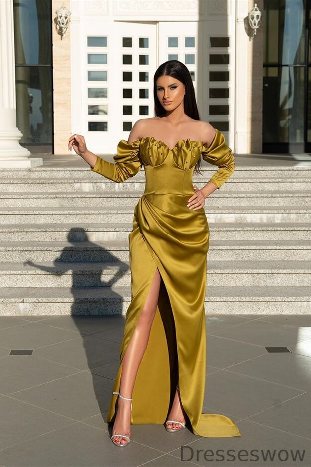 Dresseswow Long Sleeves Off-the-Shoulder Prom Dress Mermaid With Slit