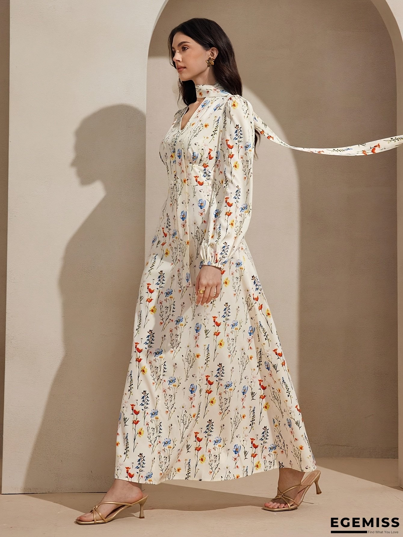 Women's Elegant Floral Print A-Line Maxi Dress - V-Neck Floral Dress In Pastel Colors (Blue/Orange/Floral), Non-Stretchy Fabric For Formal Events, Brunch, Office - Machine Washable Women's Formal & Casual Outfits, Brunch Attire, Vneck Design | EGEMISS