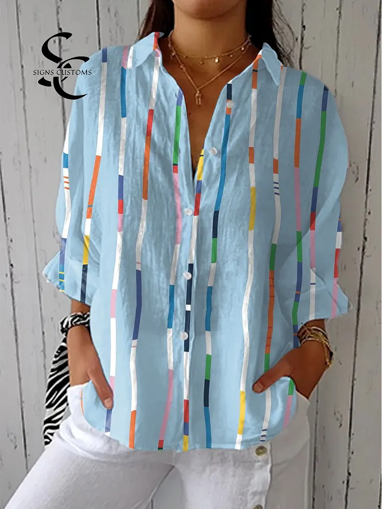 Women's Vintage Abstract Geometric Art  Print Casual Linen V-neck Shirt