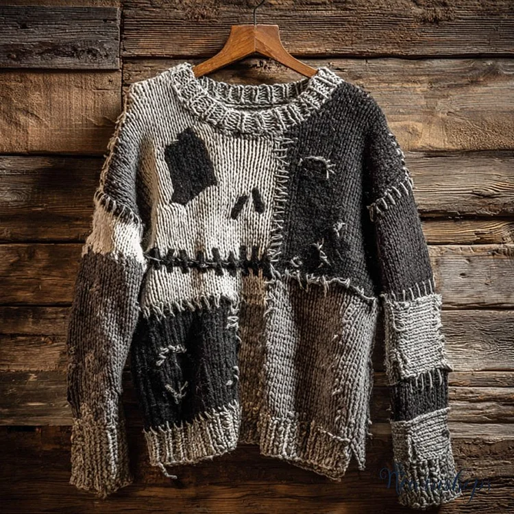 Halloween Pumpkin Face Contrast Stitched Cozy Knit Sweater