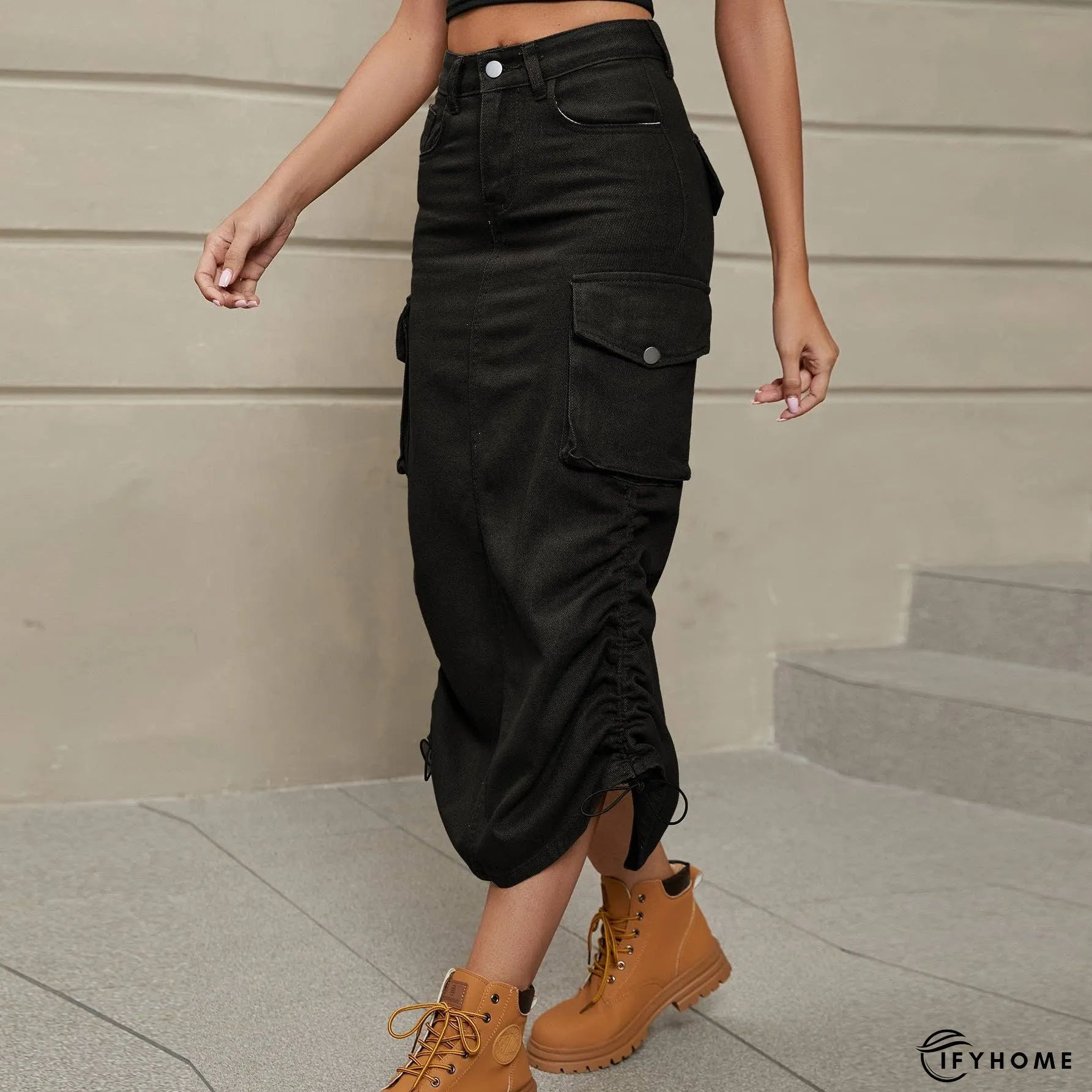 Drawstring Ruched Slit Denim Midi Skirt | IFYHOME