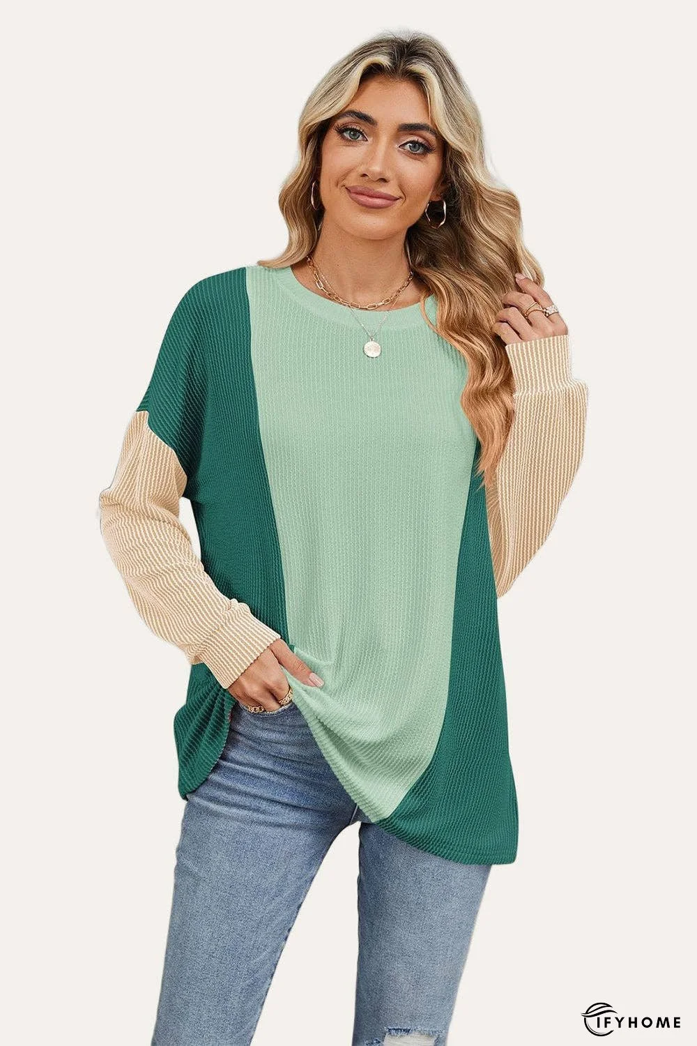 Double Take Texture Contrast Round Neck Long Sleeve T-Shirt | IFYHOME