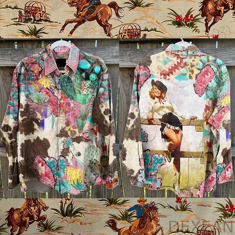Vintage Turquoise Western Cactus Vintage Cowgirl Seamless Pattern Print Casual Shirt