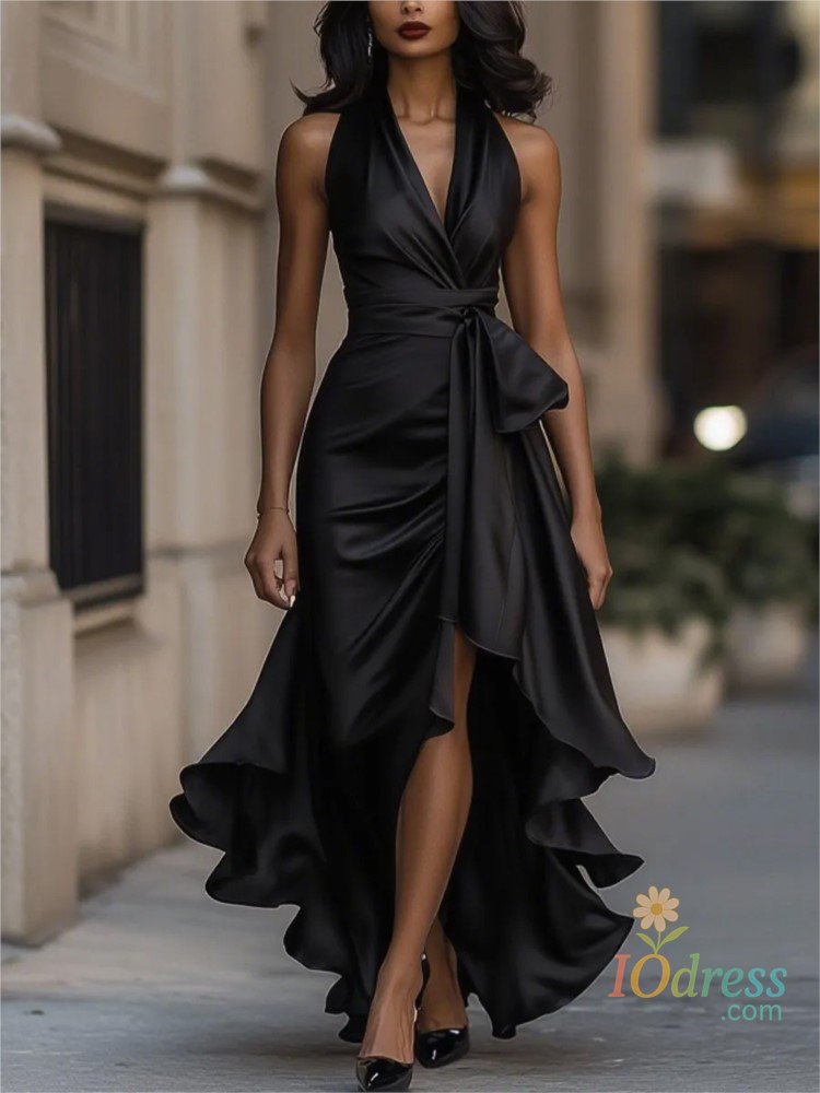 IO Dress Elegant Women's Evening Rules Ruffled Slit Dress Summer Sexy Deep V Neck Backless Slimming Lady Waist Cinching Lace Up Dreses