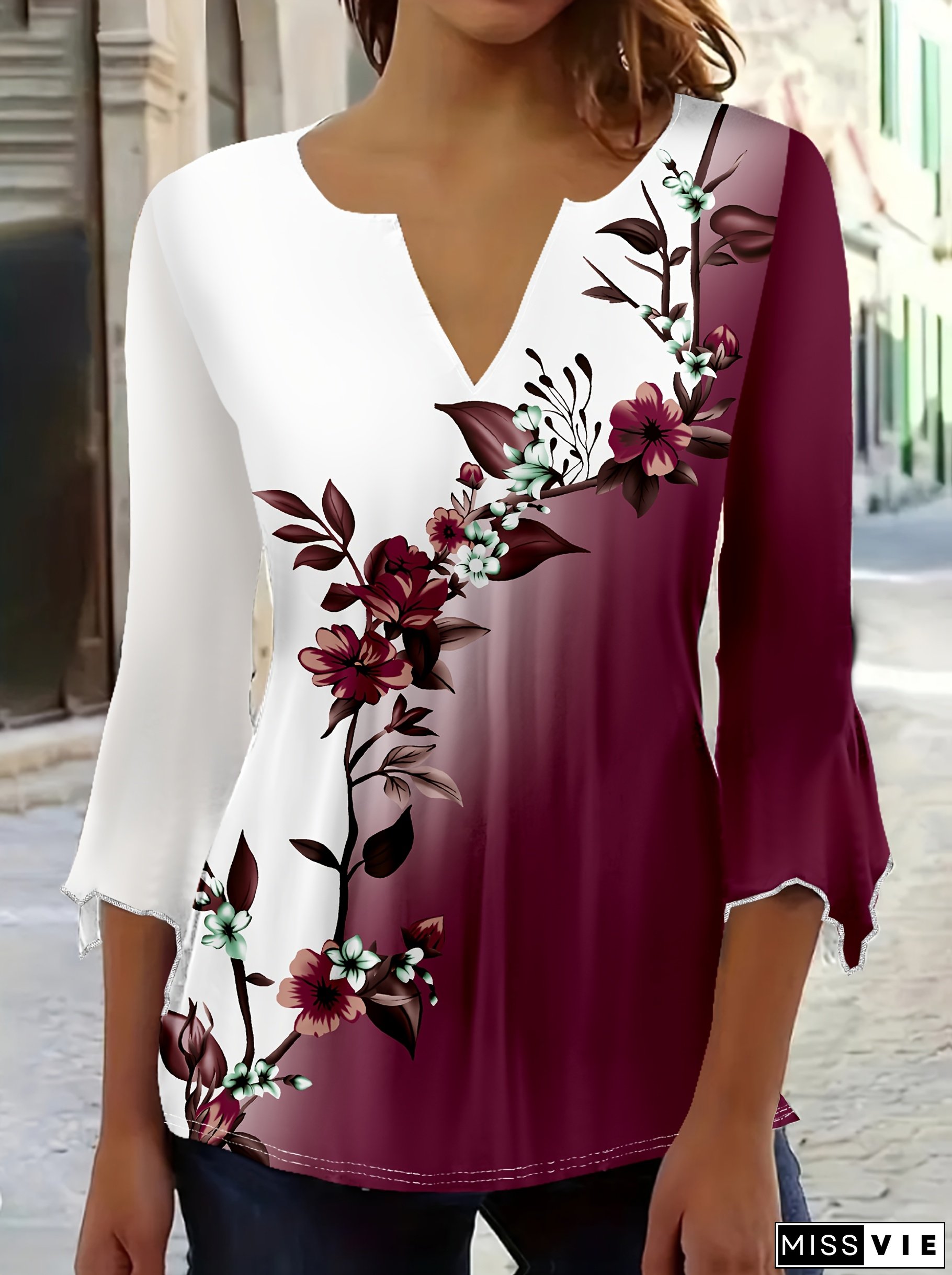 Women's Floral Gradient Blouse - Soft Polyester Knit, 180g/M&sup2;, V-Neck Long Sleeve For All Season Casual Wear