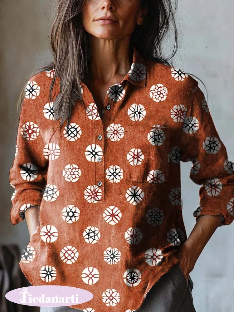 Women's Japanese Print Casual Cotton and Linen Shirt