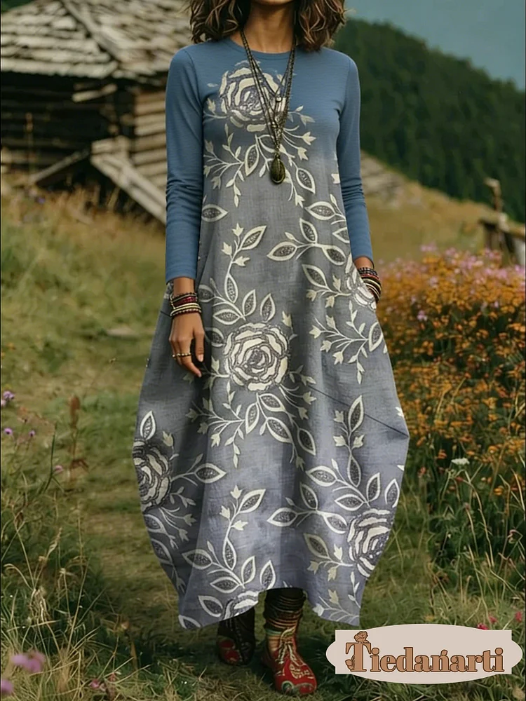 Women's Floral Print Crew Neck Long Sleeve Cotton Pocket Dress