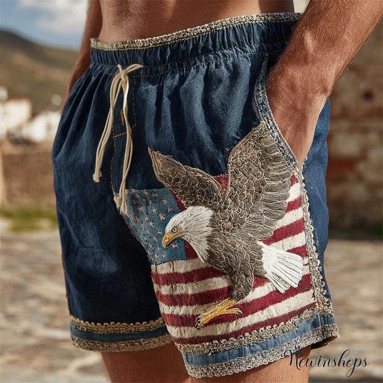 Western Bald Eagle & Flag Embroidery Pattern Men's Linen Shorts