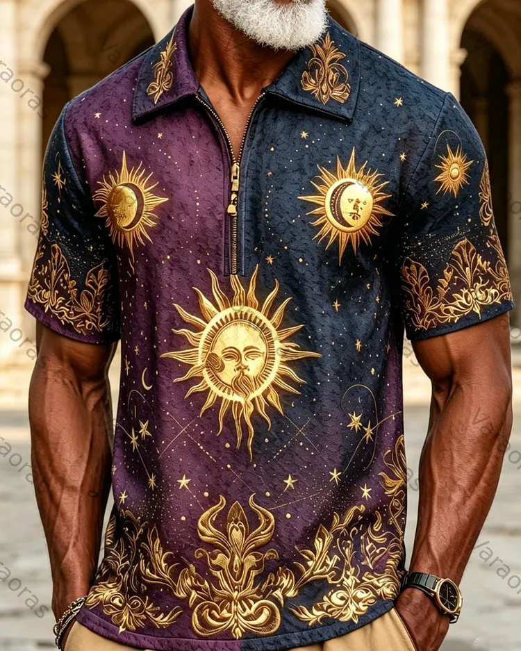 Men's Summer Fashion Star and Moon Print Embroidered Casual Linen Half-Zip Polo Shirt 7535