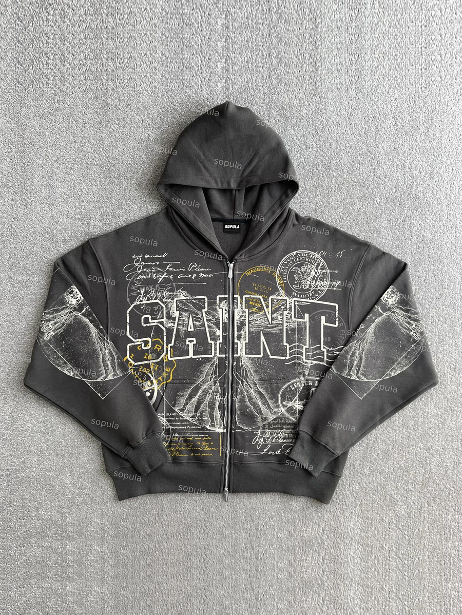 Saints Stamp Collage Vitruvian Man Vintage Art Graphic Zippered Hoodie
